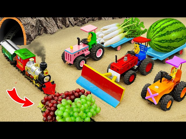 Diy tractor making mini Bulldozer rescues Train | diy mini Tractor transporting Strawberry | HP Mini