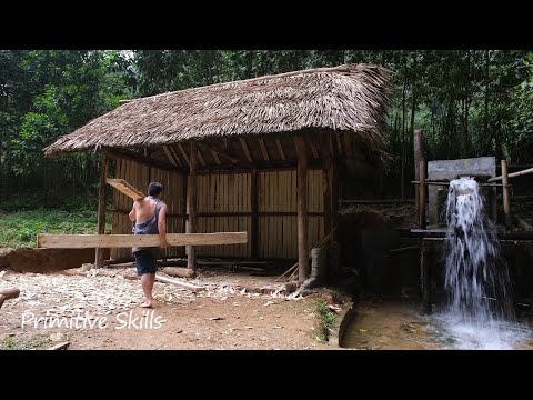Building retaining walls for primitive sawmill, Woodworking factory running on waterwheels - Ep.168