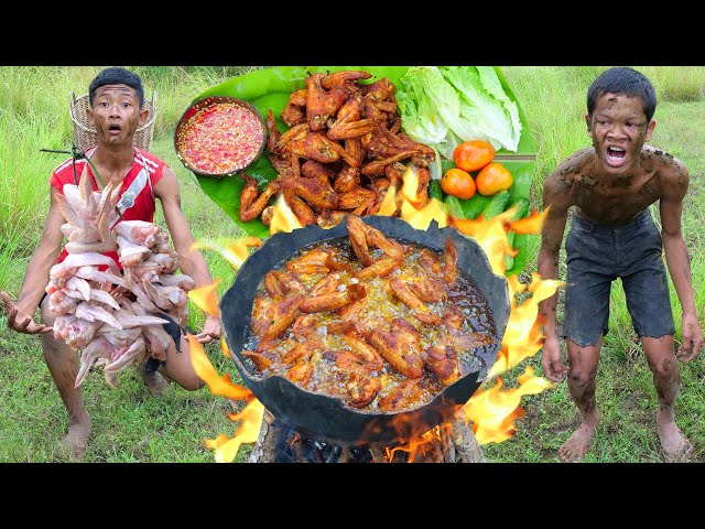 Cooking chicken wing, eating in jungle | Primitive technology