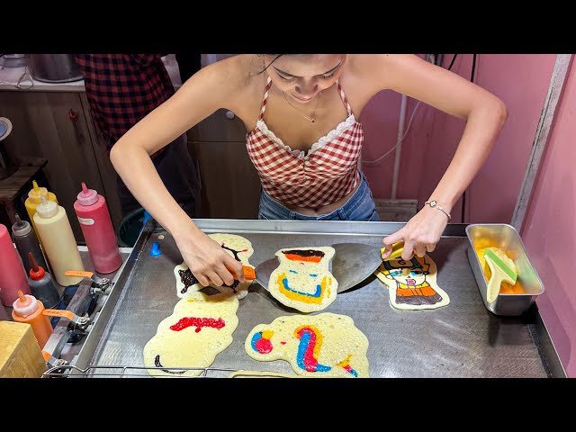 Thai street food - cartoon pancake lady amazing skill