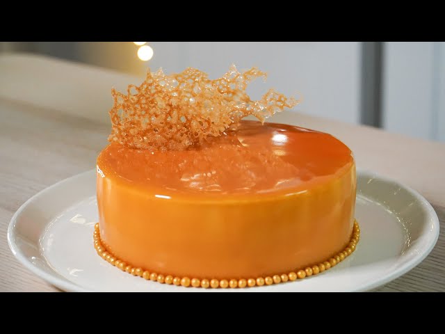 Caramel Mousse Cake. Caramel Mirror Glaze