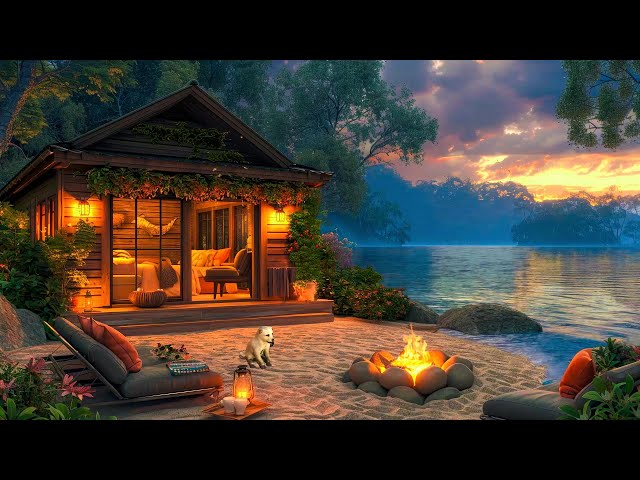 Campfire by the Lake in Summer Ambience at Sunset with Calm Jazz Instrumental Music for Study, Focus
