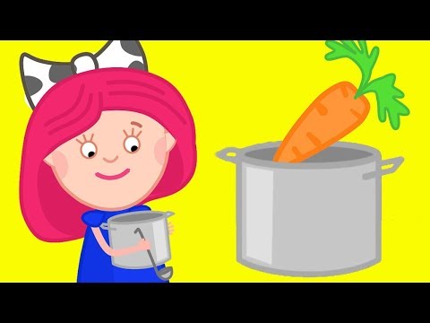Smarta und ihre magische Tasche. Wir kochen Gemüsesuppe. Zeichentrick auf Deutsch.