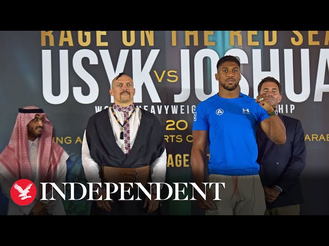 Watch again: Anthony Joshua and Oleksandr Usyk tip the scales ahead of world title rematch