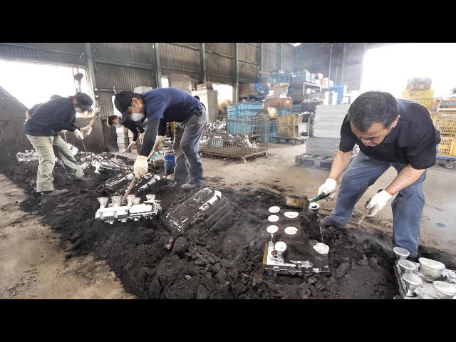 Aluminum component manufacturing process for agricultural equipment. Old aluminum foundry in Japan.