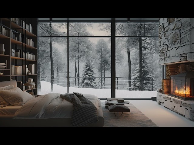 Sleep in a Cozy Snowy Cabin | Winter Ambience with Crackling Fireplace Sounds and Relaxing Snow