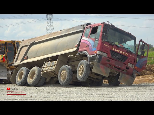 Amazing Daewoo Dump Truck Fails Rock Unloading Recovery By Komatsu PC210 Excavator