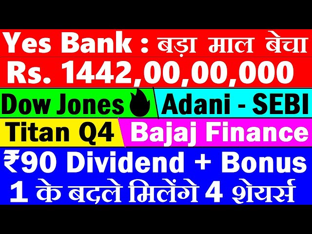 Yes Bank ₹14420000000 बड़ा माल बेचा😱🔴 Rs 90 Dividend + Bonus🔴adani sebi🔴titan🔴Bajaj Finance🔴Dow Jones