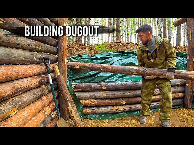 Dugout shelter. Log walls. Solo bushcraft camp. I am building a dugout in a wild forest. Part 3.
