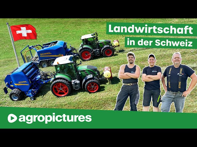 Landwirtschaft in der Schweiz | Göweil Rundballenpresse am Steilhang | XXL Milchviehbetrieb
