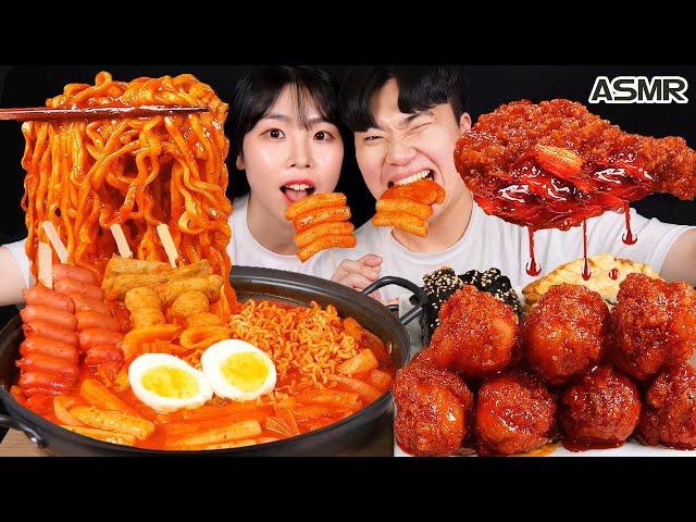 ASMR MUKBANG Spicy Tteokbokki, Seasoned Chicken, Cheese Kimchi Gimbap, fried food, Eating