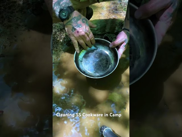 Cleaning SS Cookware in Camp #outdoorgear #survival #bushcraft