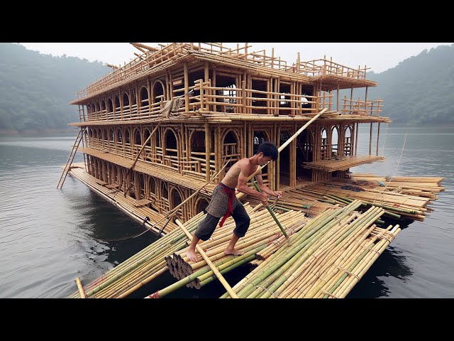 A Man Builds Floating Bamboo House On Lake Alone In Hot Weather, Like A Cruise Ship#houseboat