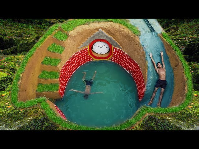 How To Build Swimming Pool Water Slide With Two Large Clock Around Secret Underground House