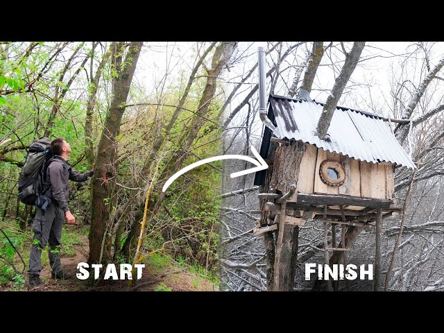 I BUILD A TREE HOUSE ON THE RIVER BANK FROM START TO FINISH | I SPEND THE NIGHT IN IT IN WINTER