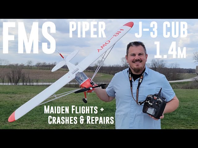 FMS - Piper J-3 Cub - 1.4m - Maiden Flights + Crashes + Repairs + Final Adjustments