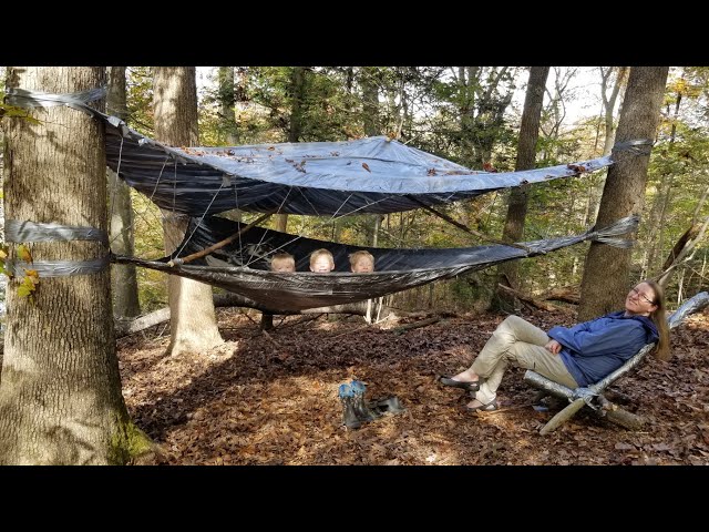 Duct Tape Hammock Tent Camping + Rabbit Catch & Cook (Duct Tape Survival Shelter Challenge)