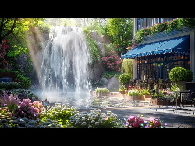 Outside Garden Ambience By Waterfall With Relaxing Piano Music & Nature Sounds For Good Mood