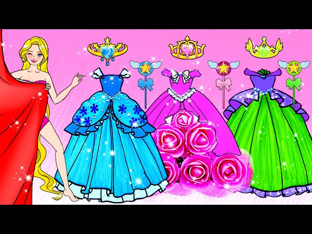 [🐾paper Diy🐾] Pink, Blue, Green and Yellow Princess Dress Up Contest | Rapunzel Compilation 놀이 종이