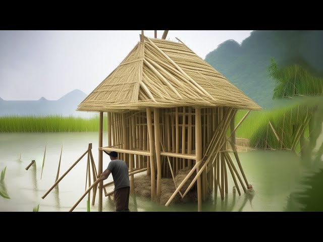A Young Man Built A Floating Bamboo House On The Lake Alone, So Spectacular.