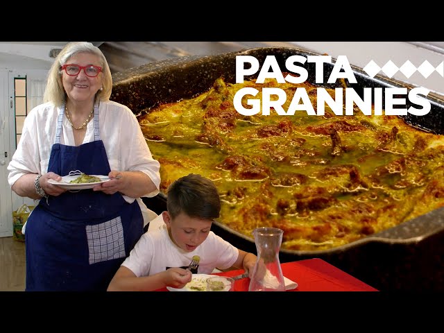Enjoy Bianca's basil pesto lasagna with beans and potatoes | Pasta Grannies