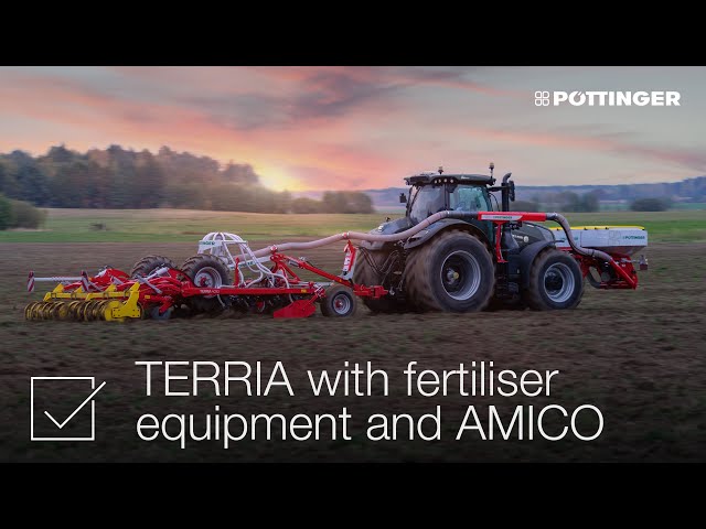 PÖTTINGER - TERRIA trailed stubble cultivator with fertiliser equipment and a front hopper AMICO