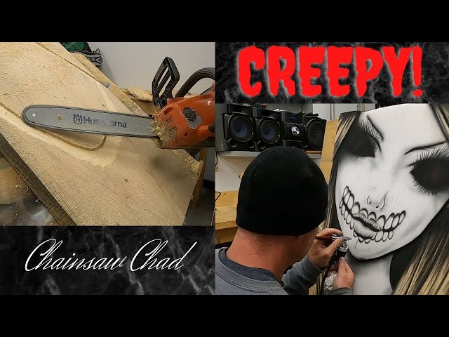Chainsaw CARVING a - creepy - HALLOWEEN - Doll Slab - Sculpture!!