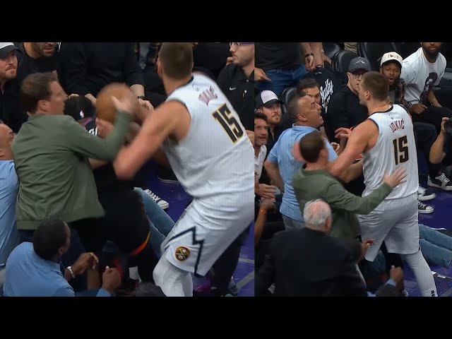 Nikola Jokic shoves Suns owner Mat Ishbia after fighting for the ball 😳