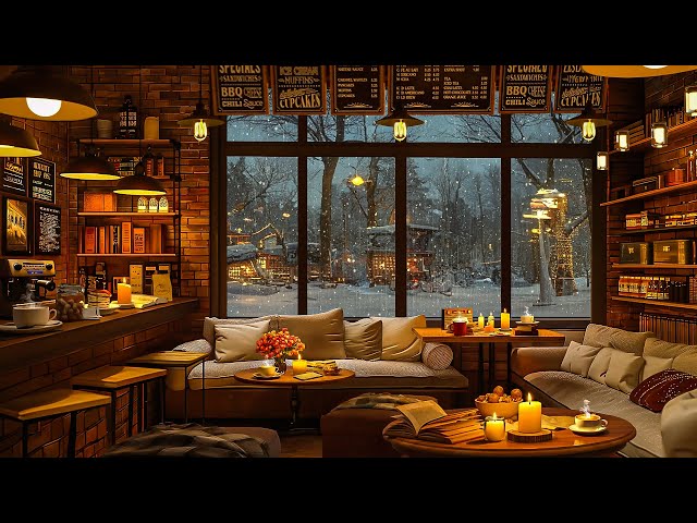A Warm Night at Cozy Coffee Shop Ambience with Smooth Piano Jazz Background Music for Relax, Work