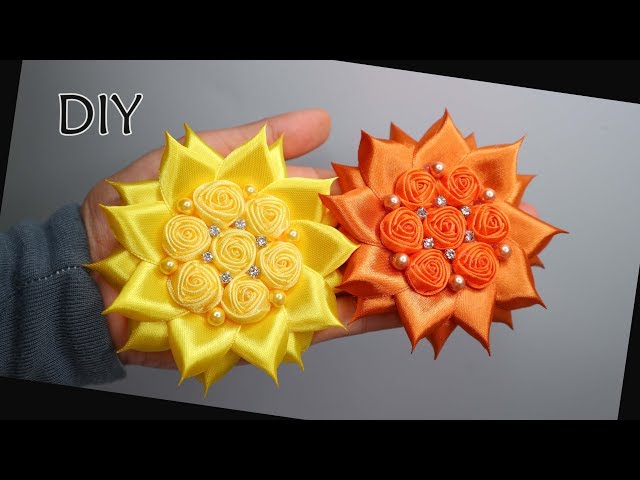 DIY - How to make kanzashi flower | Sunflower Rose satin ribbon | Cara membuat bros bunga pita satin