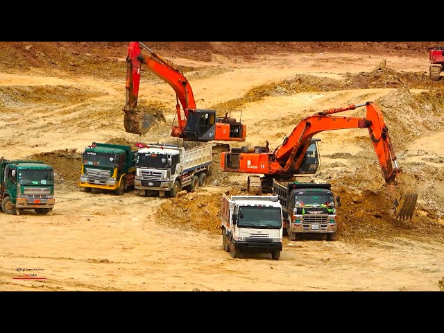 Amazing Operating Job Big Excavator Removing Dirt Into Dump Trucks