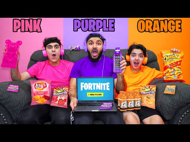 We Ate Only One Color Food While Playing Fortnite! (PINK VS PURPLE VS ORANGE FOOD CHALLENGE)