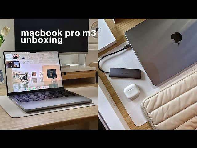 macbook pro m3 unboxing [14" space gray] ☁️  +airpods 3, accessories, macOS sonoma desktop aesthetic