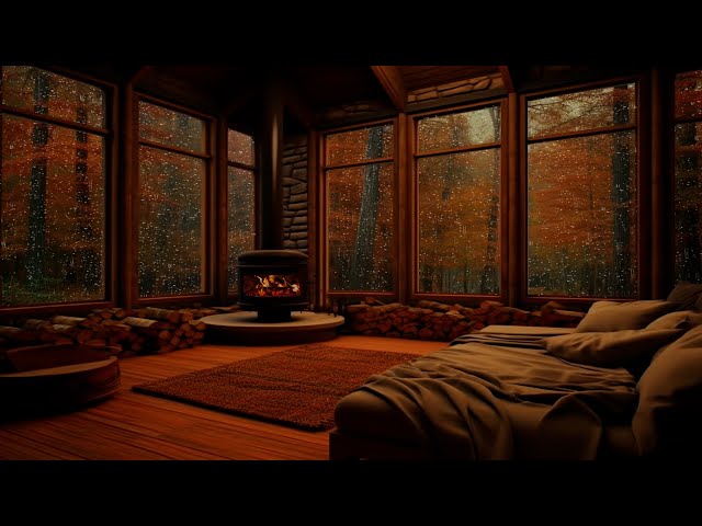Soothing Rainfall in a Warm Bedroom - Relaxing Fireplace Sounds for a Peaceful Night