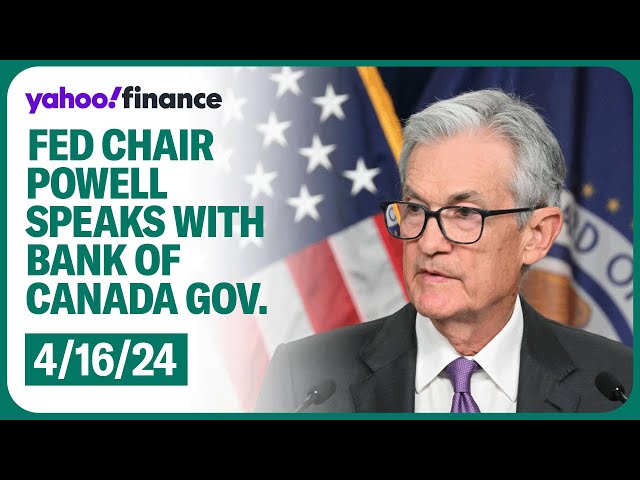 Fed Chair Jerome Powell takes part in a discussion with Governor of the Bank of Canada Tiff Macklem