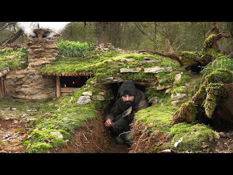 Crafting complete and comfort survival shelter | Bushcraft wood structure,clay roof & twin fireplace