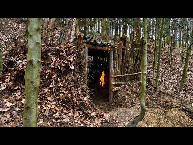 Complex stealth shelter in the woods. Fireplace cooking. #asmr #bushcraft #outdoors #survival