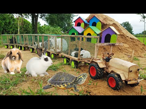 DIY Wooden Tractor With Five Trailers To Pickup Farm Animals Dogs, Rabbits, Guinea Pig, Turtles