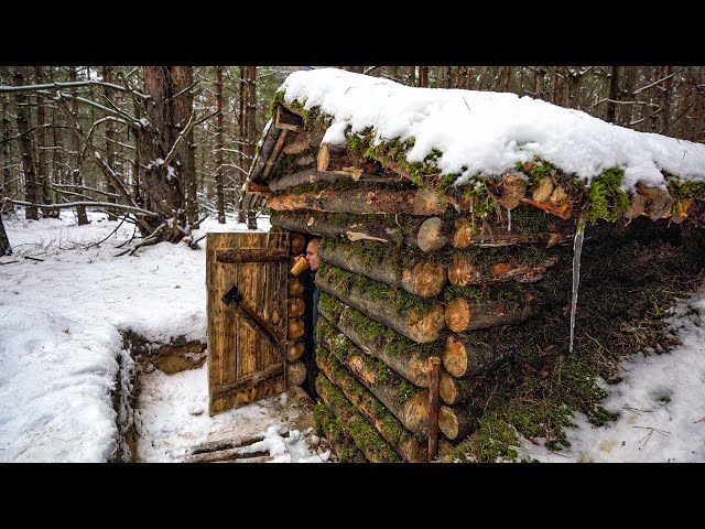 Tiny Dugout building, shelter in the woods start to finish