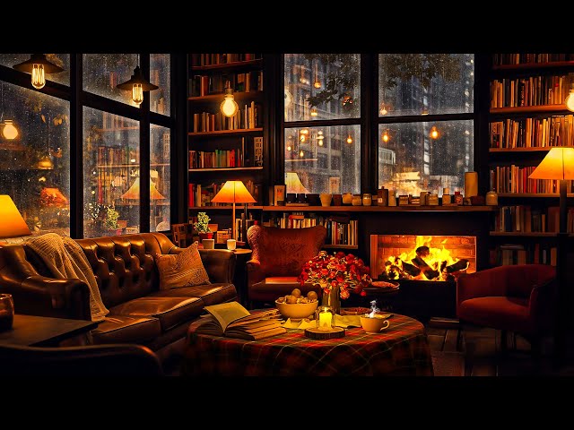 Smooth Jazz Background Music in Cozy Coffee Shop Ambience with Crackling Fireplace for Relax, Study