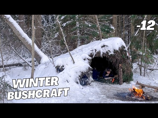 Survival in a cold wild forest. Constructing shelter to protect yourself from snow and wind . ASMR