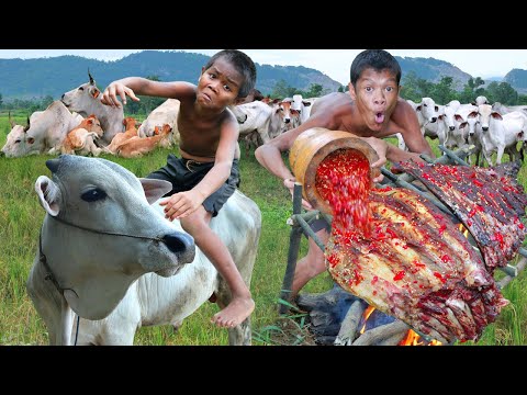 Primitive technology - beef ribs cooking food eat - Eating show