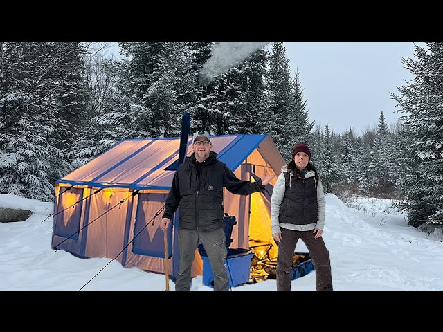 Hot Tent Camping with My WIFE for the FIRST Time in a Winter Snow Storm