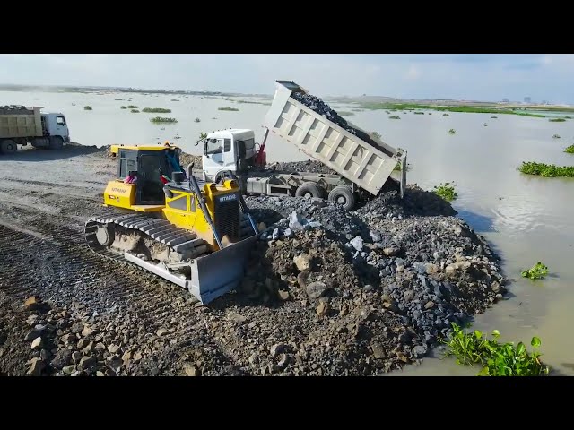 Excellent Project Building Road on Lake by SHANTUI Dozer Push Stone and Truck Spreading Rock