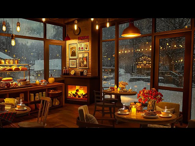 Smooth Jazz Background Music with Crackling Fireplace in Cozy Coffee Shop Ambience for Relax, Study