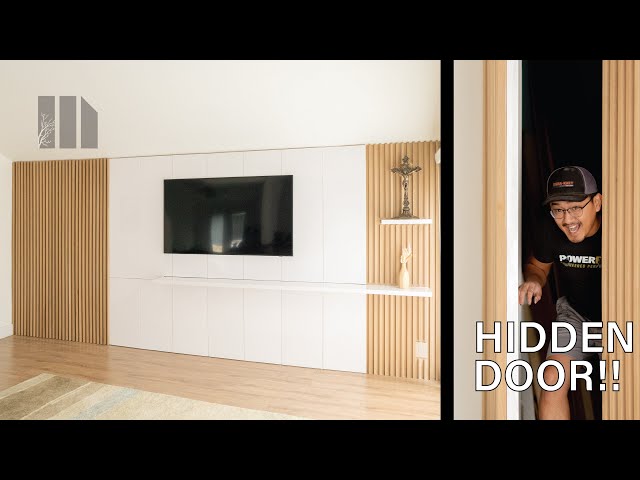How To Build Slat Feature Wall With Hidden Door! // Living Room Remodel // Woodworking