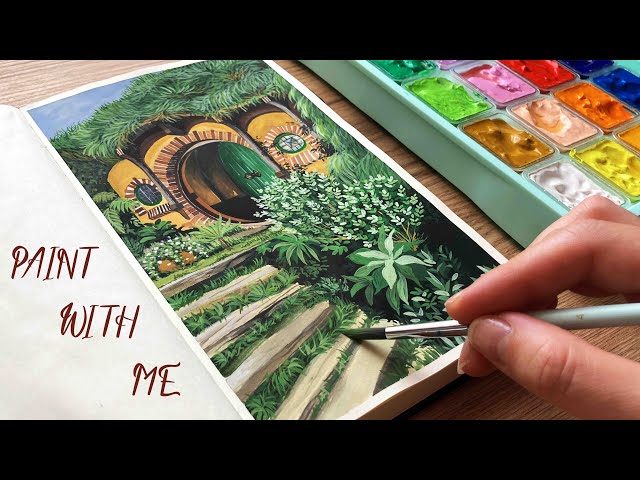 Hobbit House Landscape Painting With Gouache 🎨 Paint With Me