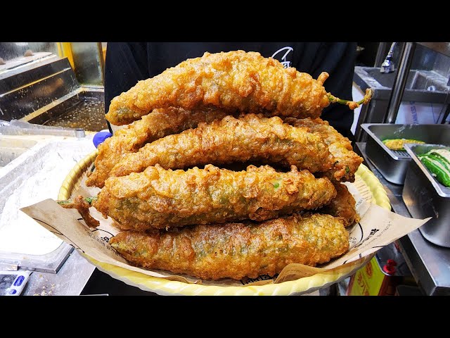 The best fried food in Korea, Giant fried stuffed Pepper, Fried Dumplings Master, sweet potato stick