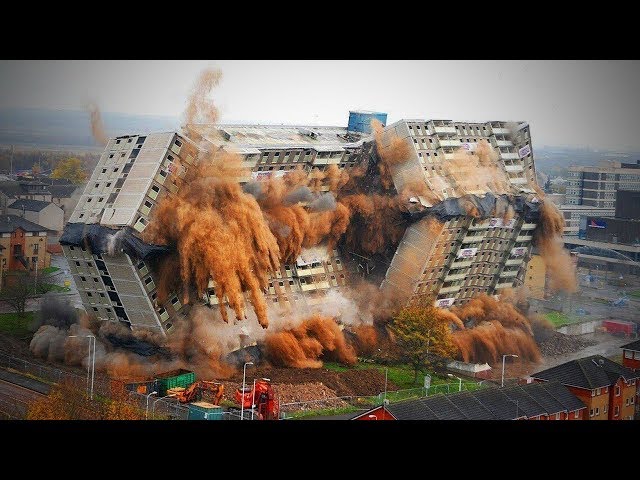 Buildings Demolition With Machinery and Technology    Video Satisfying Chimney Demolition
