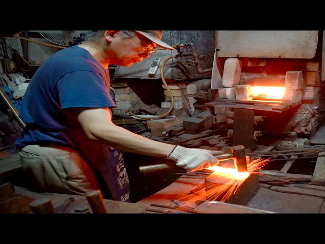 Process of making Japanese knives. A Japanese knife maker recognized in the world